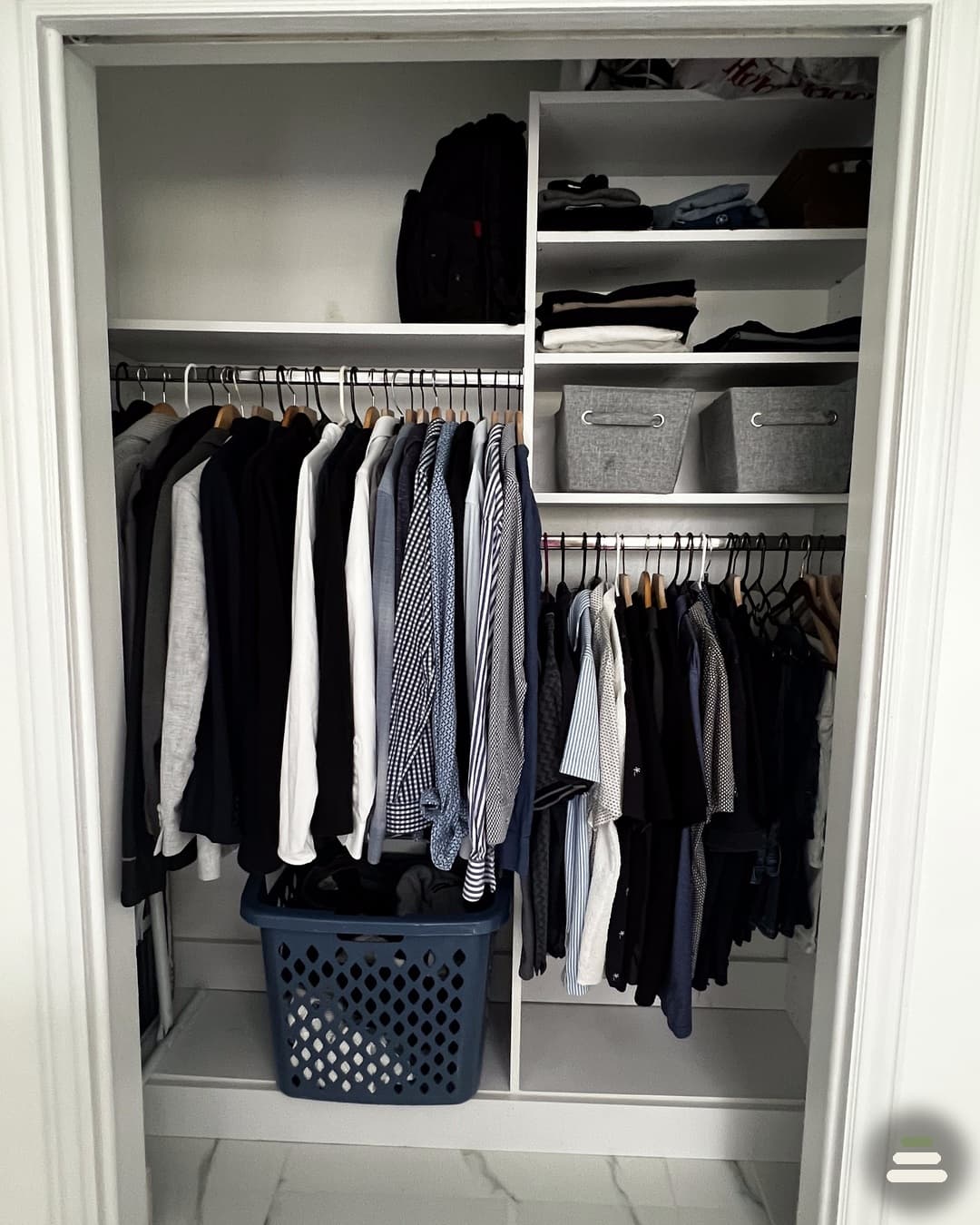 Organized men's closet with matching hangers and labeled bins, Boca Raton