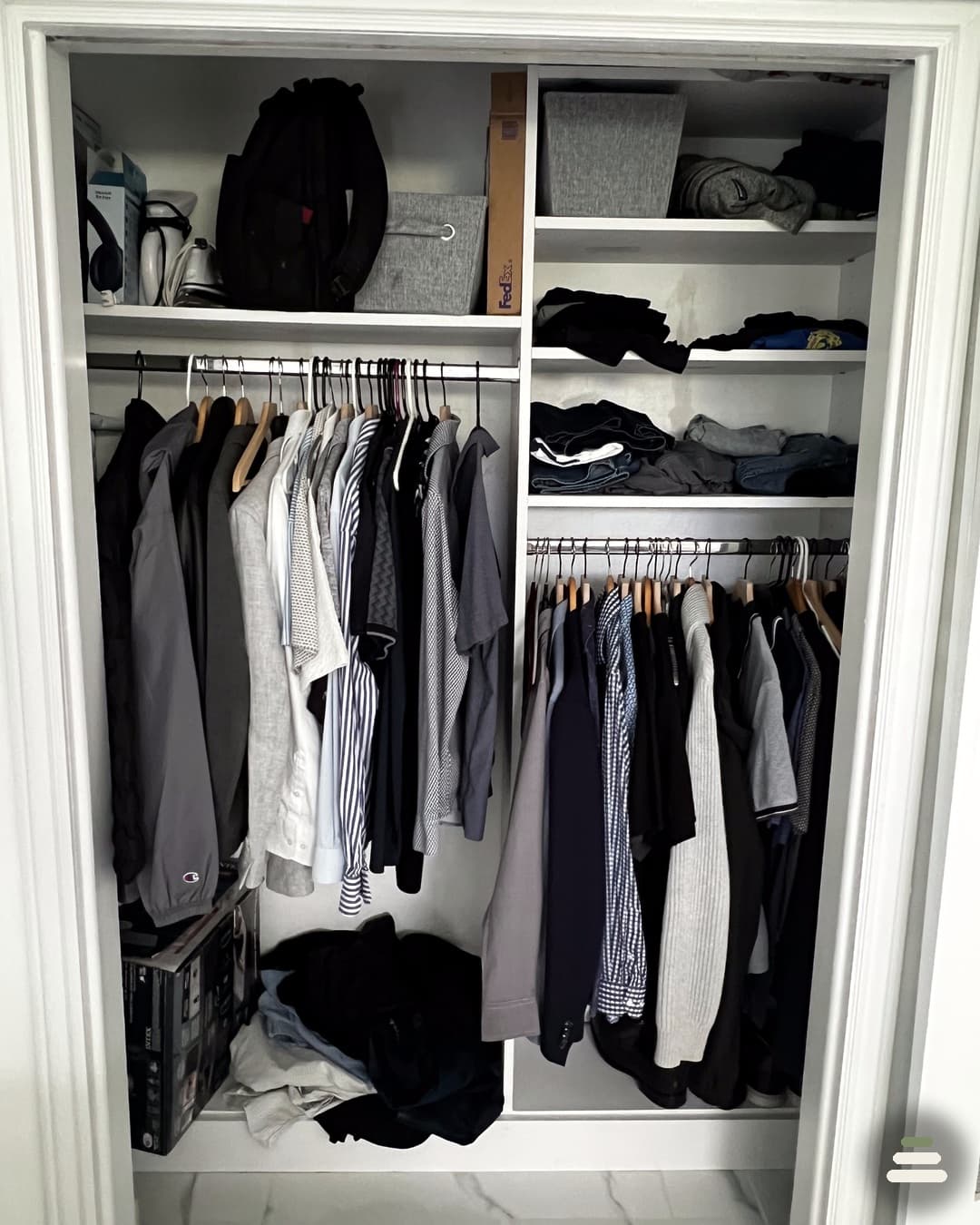 Cluttered men's reach-in closet before professional organizing