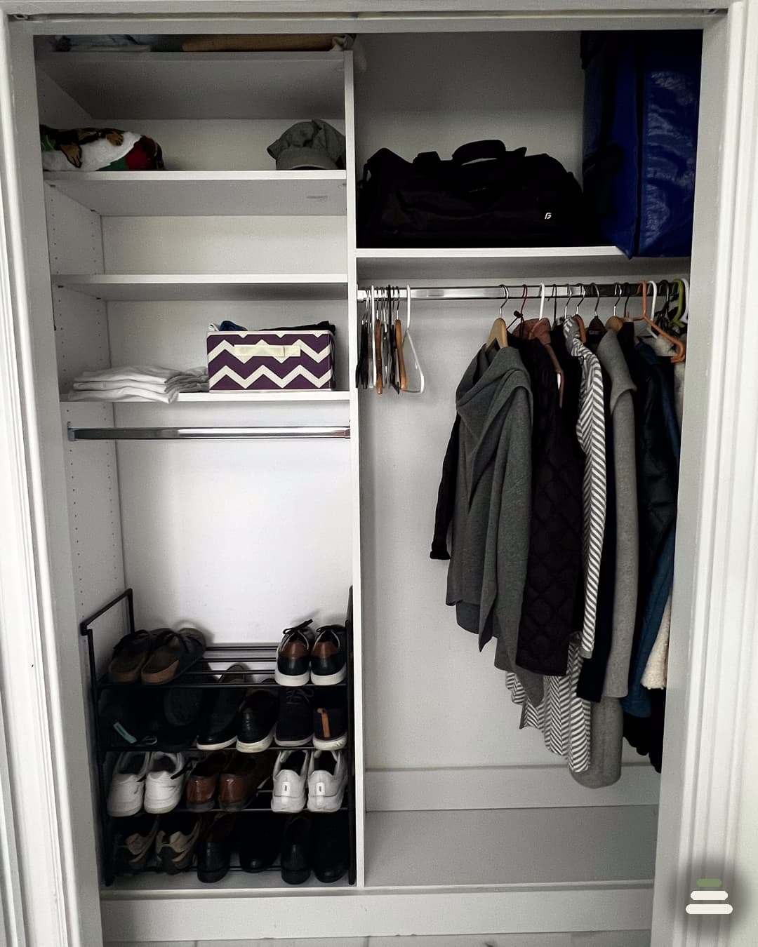 Color-coded closet system with labeled bins for shared home office