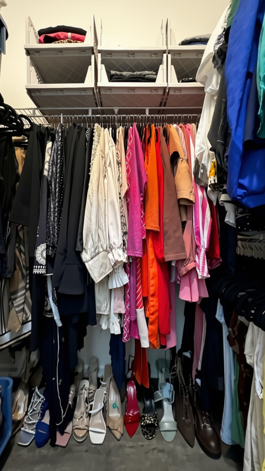 Color-coded walk-in closet with labeled storage bins, South Florida